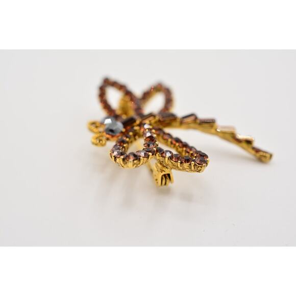 WM Vintage Dragonfly Crystal Pin Brooch Brown Rhinestone Gold Signed AS IS BinAJ - Picture 9 of 12
